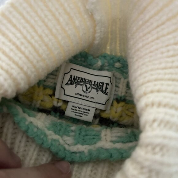 American Eagle Outfitters Womens Xs Cream Blue Fair-isle Knit Sweater Oversized - Picture 3 of 8